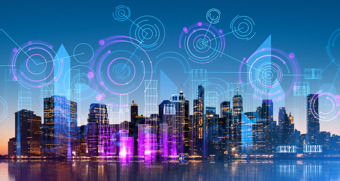 Wireframe digital interface and network hologram in night city. New York
