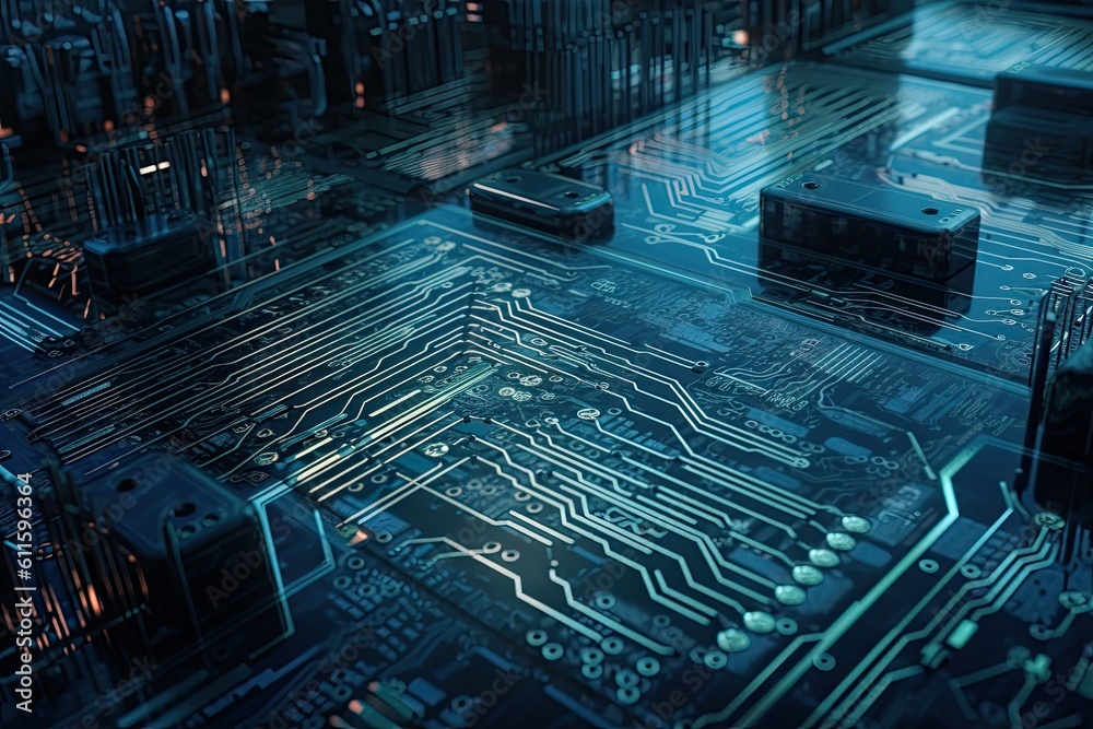 Poster circuit board with microchips and connections. 3d rendering, high tech circuit board with futuristic