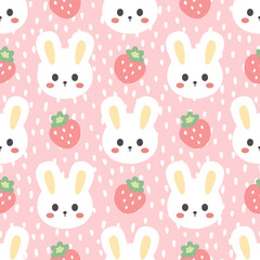 cute white bunny with strawberry on a pastel pink dashed background, kawaii kids seamless pattern wallpapers, children fruit animals wrapping paper, fabric and textile design