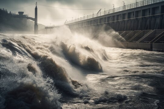 Stormy weather on a dam in the port of Riga, Latvia. massive hydroelectric dam producing electrical energy, AI Generated
