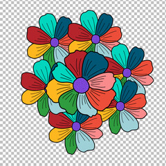 Colorful flowers on a transparent background. Vector illustration in doodle style.