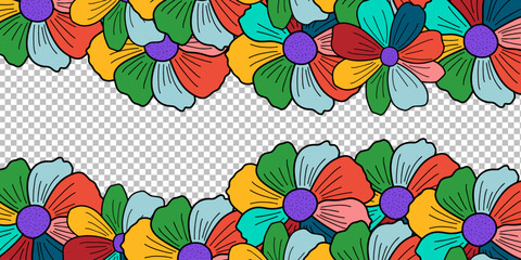 Fototapeta na wymiar Colorful Floral seamless border with flowers on transparent background. Vector illustration for your design.