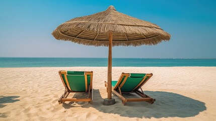 Pair of beach chairs under an umbrella in a tropical beach. Generative AI