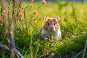 The hamster sits in the grass with daisies in the meadow. Selective focus. AI generated.