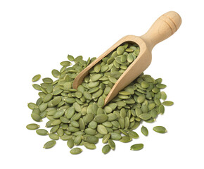 Green pumpkin seeds in wooden scoop isolated on white background. Side view