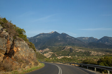 Serene Landscape of Greece: Majestic Mountains and Unspoiled Nature on the Highway