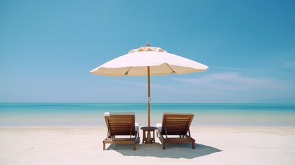 Pair of beach chairs under an umbrella in a tropical beach. Generative AI