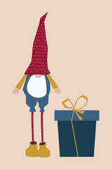 Christmas gnome with a gift. Postcard in paper cut style. Raster flat illustration in high resolution.
