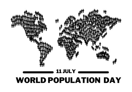 World Population Day Illustration With People Forming World Map. black and white drawing