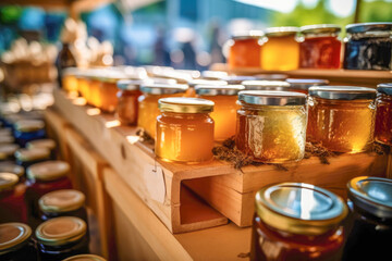 Honey and beeswax products at a vibrant farmers market. Natural bee products handcrafted with care by local beekeepers. Generative AI
