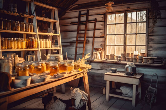 Bee products prepared for sale in a rustic farmhouse kitchen. Generative AI.