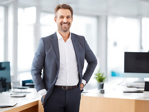 Smiling businessman standing with arms crossed in creative office