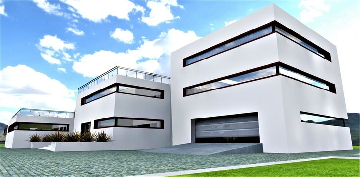 The entrance to the garage of a country house. White facade. Upward-opening aluminum gates. Unusually long windows. 3D rendering..jpg