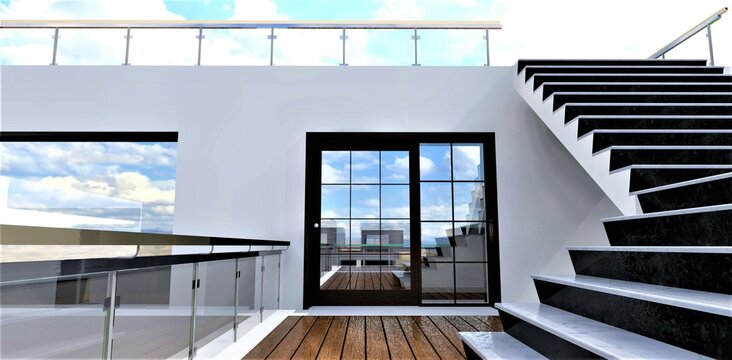 Swing glass doors from the country house leading to the terrace. Designer staircase to the upper level. Wooden deck flooring. 3D rendering.