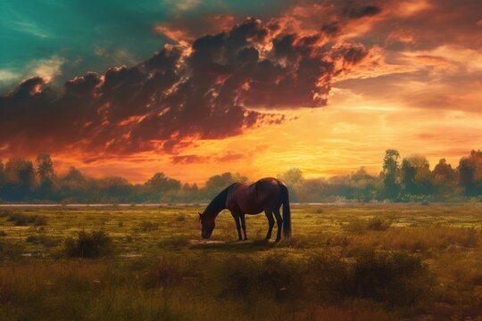 Horse grazing meadow. Generate Ai
