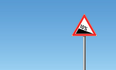 Red triangle road sign indicating a steep 10 percent downhill gradient in the road ahead ilustration