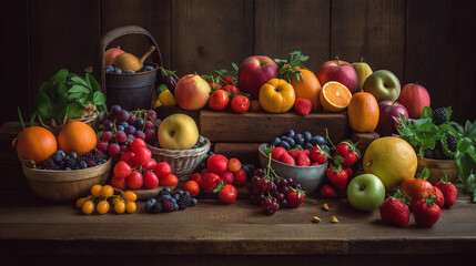 A vibrant assortment of fresh fruits and vegetables arranged on a wooden table
