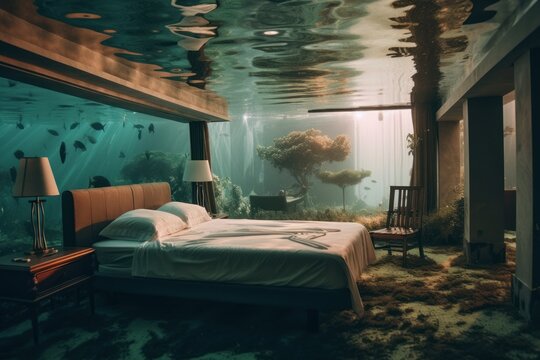 Hotel under water bedroom. Generate Ai