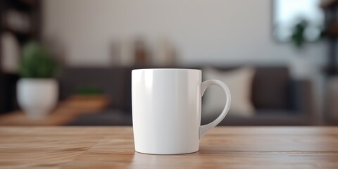 Obraz na płótnie Canvas AI Generated. AI Generative. Ceramic white color mug cup morning tea coffee on wood table in bright kitchen. Can be used for promotrion or graphic design brand. Graphic Art