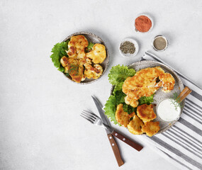 Cauliflower steak with spices cooked in the oven, top view, copy space. Vegetable meat substitute.