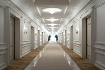 Interior long hotel corridor light. Generate Ai