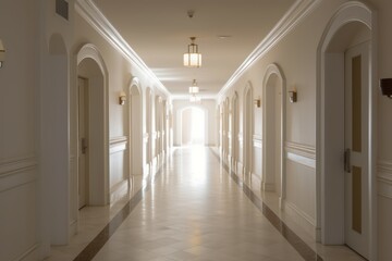 Interior long hotel corridor vintage. Generate Ai