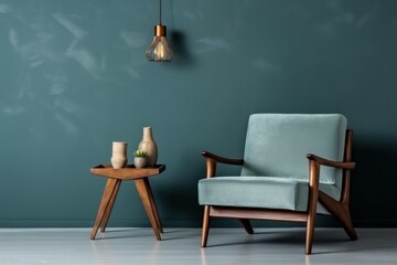 Interior wall blue armchair wood. Generate Ai