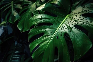 Lush green monstera leaves closeup. Generative ai