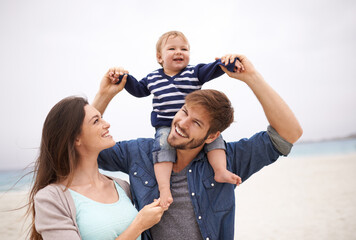 Airplane, family and baby with parents at a beach for piggyback, fun and walking in nature. Love, kid and happy woman with man outdoors bonding, smile and relax while enjoying travel, freedom or game