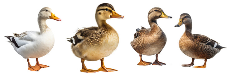 Several ducks and a duckling on a transparent background, Generative AI