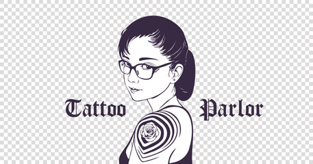 Vector beautiful young cute girl in glasses and with a rose tattoo on her shoulder. Lettering, tattoo parlor. Isolated background.