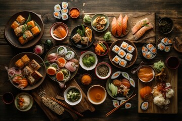 Obraz na płótnie Canvas Japanese sushi top view. Generate Ai