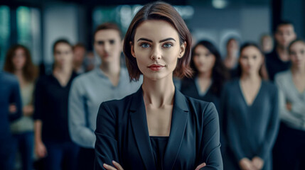 Fototapeta premium Young Successful and good-looking Woman Team Leader Start-up CEO Lawyer Boss in an office with Staff Generative AI Digital Art Background Illustration