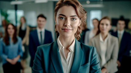Fototapeta premium Young Successful and good-looking Woman Team Leader Start-up CEO Lawyer Boss in an office with Staff Generative AI Digital Art Background Illustration