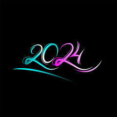 Neon 2024 lettering with violet and blue glow. Vector glitter design element for holiday cards, Christmas or New Year party headliner, banner, poster, web. Happy New Year 2024 Text Design template
