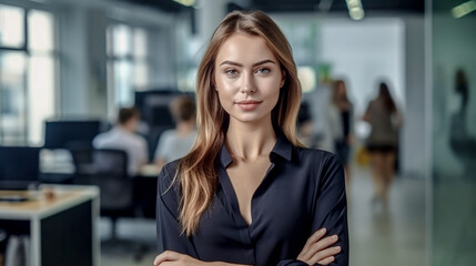 Obraz premium Young Successful and good-looking Woman Team Leader Start-up CEO Lawyer Boss in an office with Staff Generative AI Digital Art Background Illustration