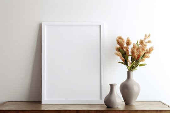 White vase on top of table next to picture frame, luxury advertisement, golden frame mock-up. Generative AI