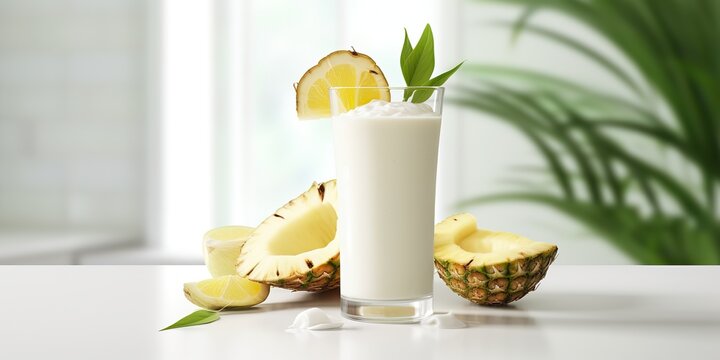 AI Generated. AI Generative. Vacation vibe Tropical summer exotic traditional cocktail alcohol pina colada. Milk coconut pineapple beverage. Graphic Art