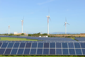 Windmill and solar panels on Sardinia, Italy