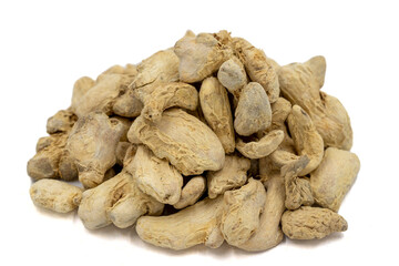 Dried Ginger root isolated on white background. Pile of ginger root or Dry Adrak