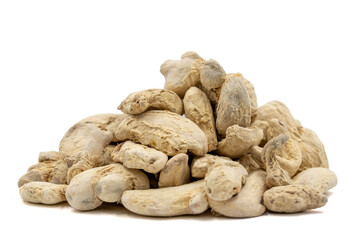 Dried Ginger root isolated on white background. Pile of ginger root or Dry Adrak