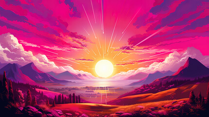 Bright illustration with magenta gradient color landscape