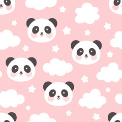 panda on a pink background with stars and clouds in the sky, good night kids seamless pattern for baby girl, nursery pastel colors  woodland animals digital print