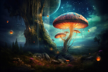 Fototapeta na wymiar Colorful and illuminated giant mushrooms in a fantasy world