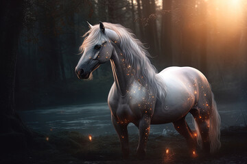 Close-up with white horse in the forest in a fantasy world