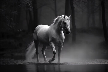 White horse walking in lake on blurred background of forest