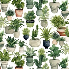 Watercolor Seamless pattern of different house plants and indoor green plants in flower pots. Decorative greenery backdrop perfect for fabric textile, scrapbooking, or wrapping paper design