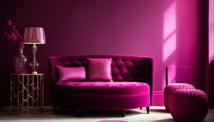 Modern living room in trend with sofa and wall in bright magenta color