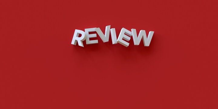 Volumetric white inscription "review" on a red background