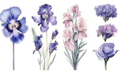 Obraz na płótnie Canvas Lavender iris flowers isolated on white background, floral illustration